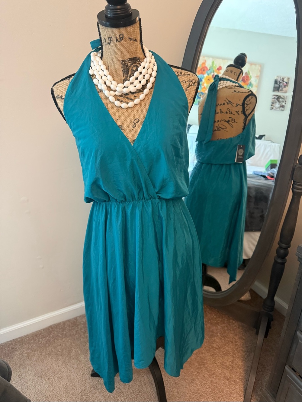 Vince Camuto Teal Halter V-Neck Mini Dress